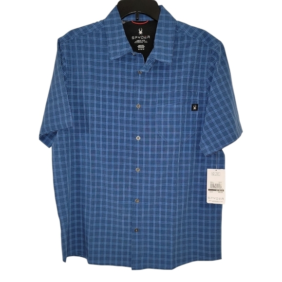 Spyder size medium blue plaid short sleeve shirt NWT - Picture 1 of 6